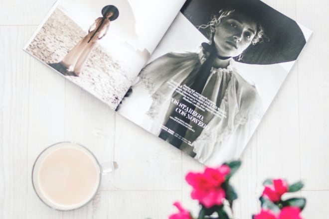 magazine, flowers, and cup