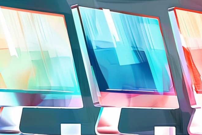 several computer monitors whose screens show different colors
