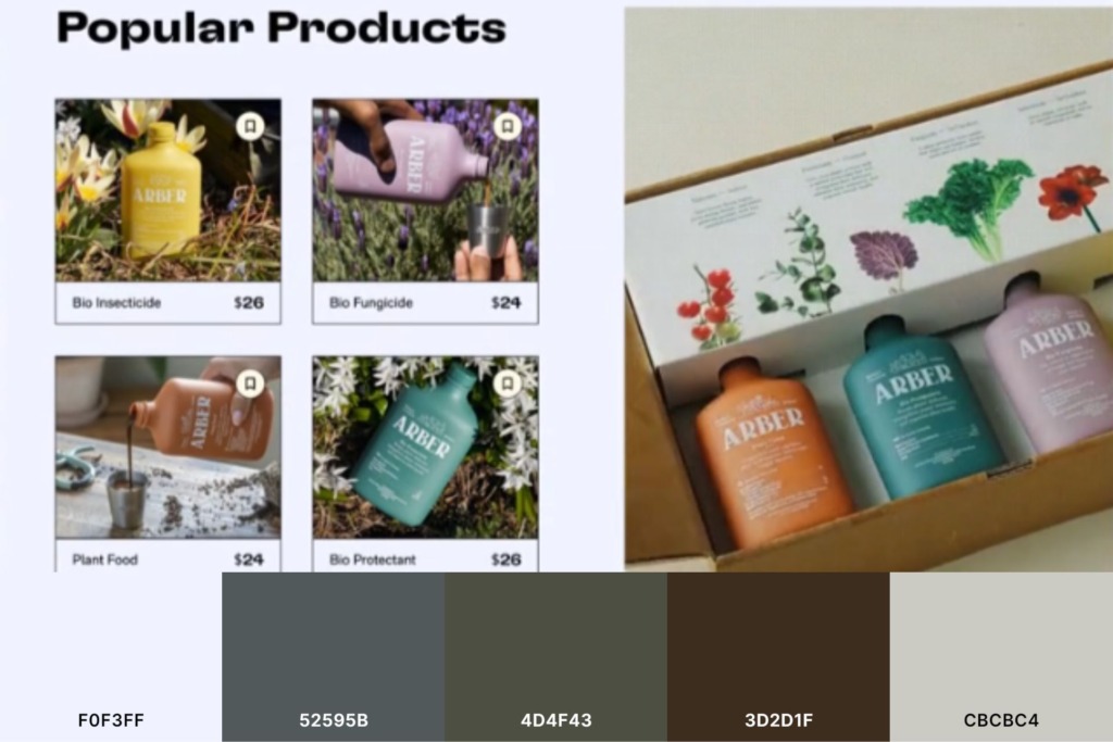 Image of "Popular Products" featuring four ARBER garden care items, each priced at $26: Bio Insecticide, Bio Fungicide, Plant Food, and Bio Protectant. A set of three bottles is also shown in a box.
