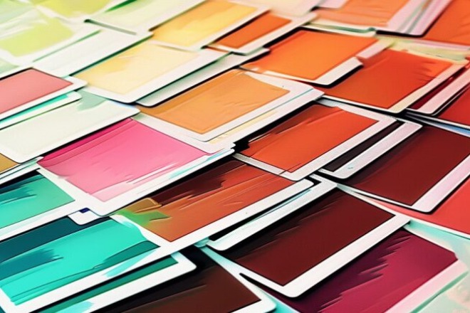 paint color swatches spread out on a table.