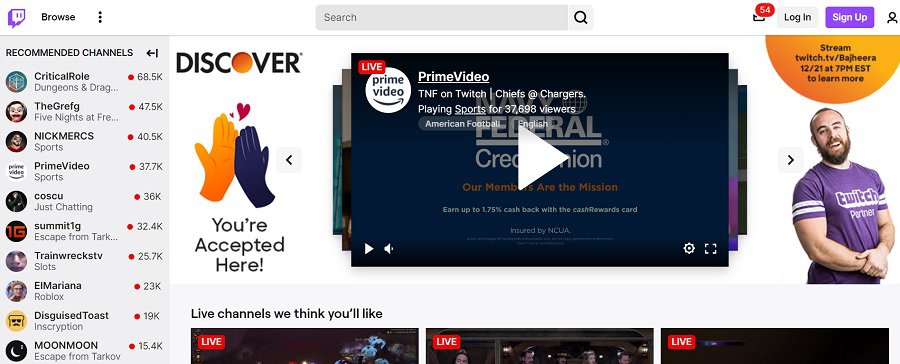 screenshot of Twitch website