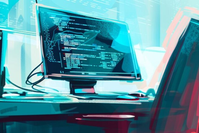 a desk with a chair, speaker, and computer monitor. the monitor shows indistinct programming code