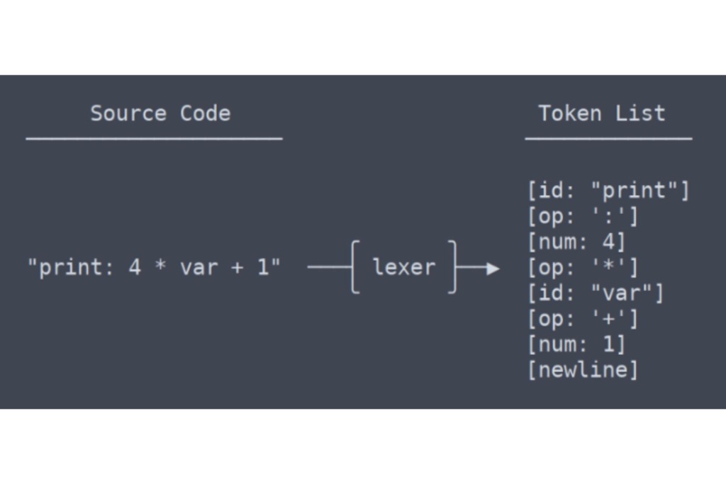 A black and white image of code, demonstrating lexer in language programming.