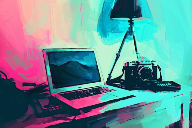 a laptop and camera sitting on a desk