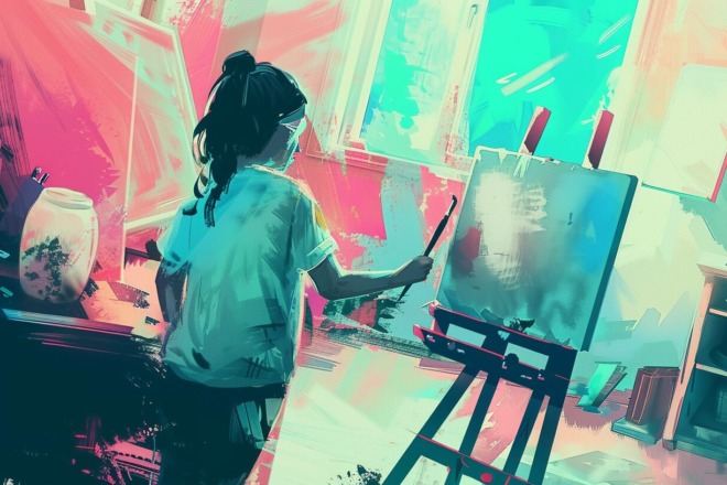 artist holding up a paintbrush in front of an easel