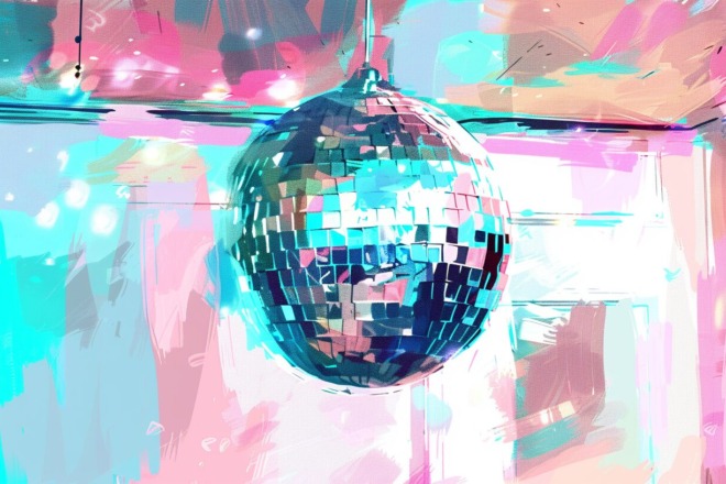a watercolor depiction of a disco ball hanging from a ceiling