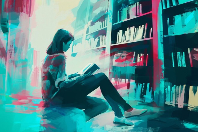 a girl sitting in front of a bookshelf reading a book