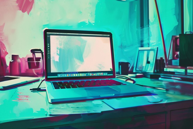 a laptop sitting open on a workdesk with photo editing software on the screen