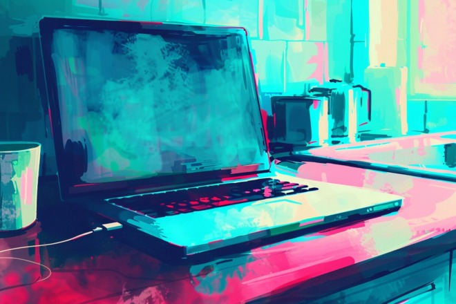 a laptop sitting open on a kitchen table