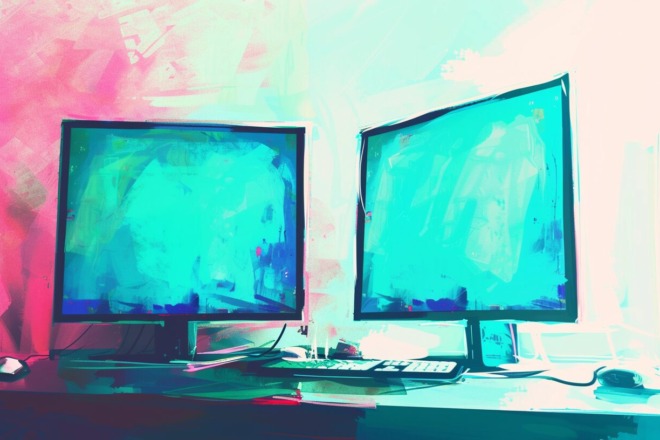 two computer monitors sitting side by side
