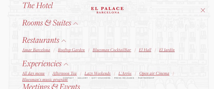 mega menu for el hotel barcelona