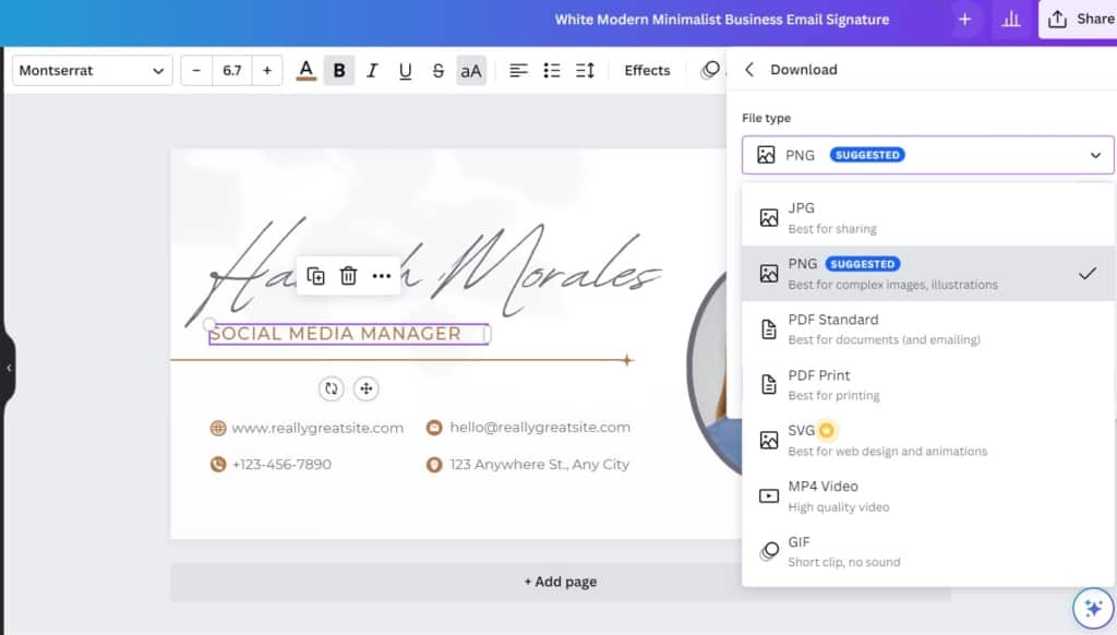 download the finished file when you create an email signature in canva