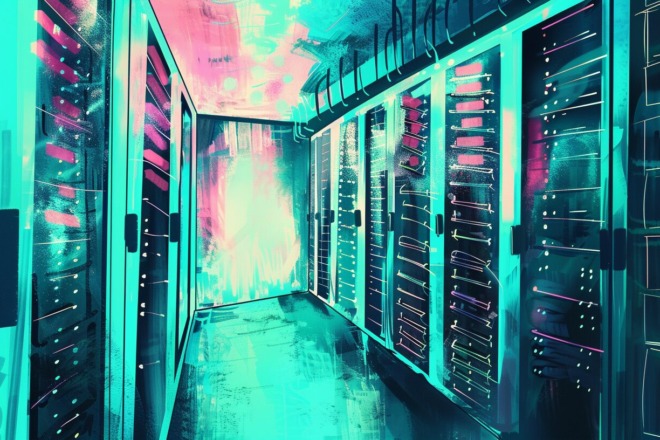 an artistic depiction of a hosting server room