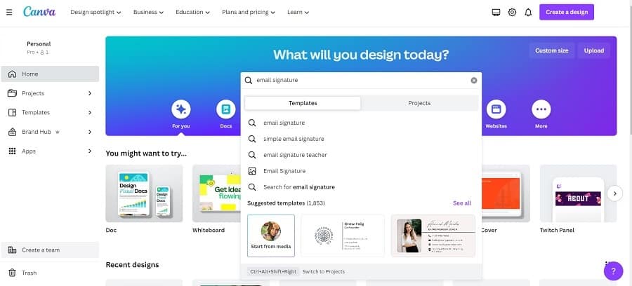 search for templates to create an email signature in canva