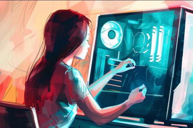 a woman places parts into a custom desktop tower build