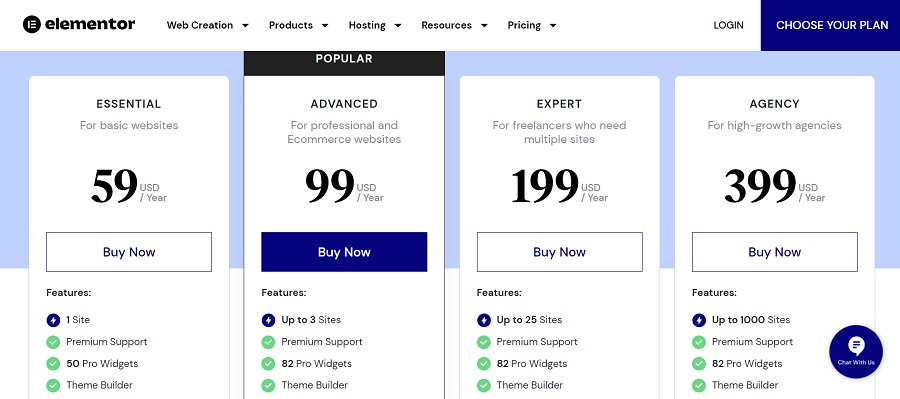 elementor pricing screenshot