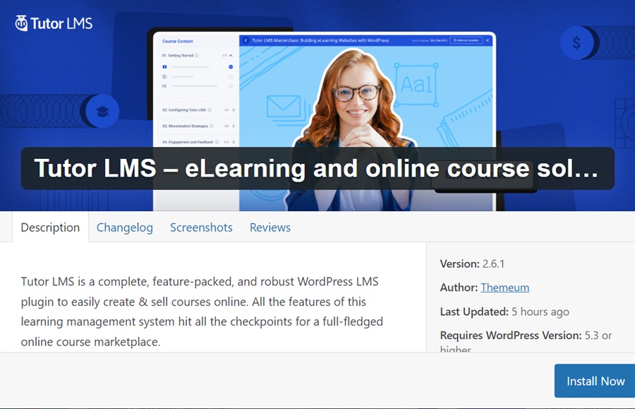 screenshot from WP dashboard of installing Tutor LMS
