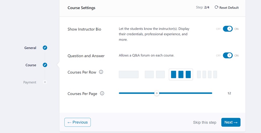 screenshot of step 2 course settings tutor lms
