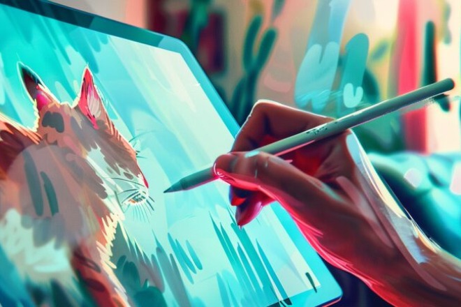 a hand holding a digital pencil draws a picture of a cat on a tablet