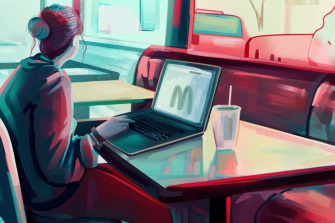 A person sits at a booth on a computer. the computer screen shows the mcdonalds logo