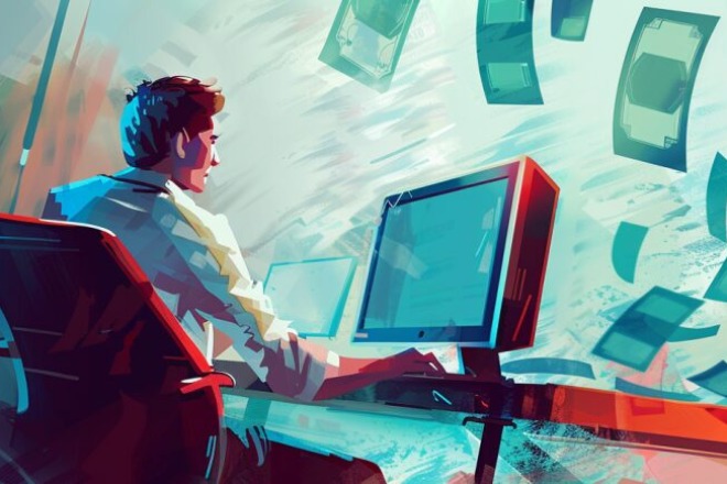 a man sits at a computer with dollar bills floating above him