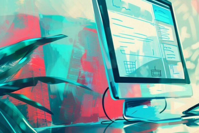 a computer sitting on a desk shows a blank website wireframe