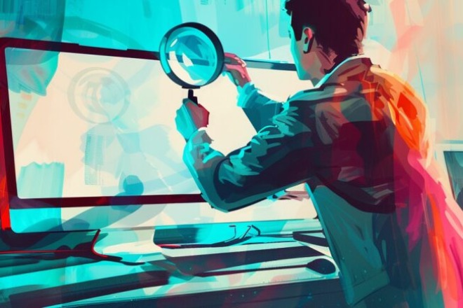 a person holding a magnifying glass to a computer screen