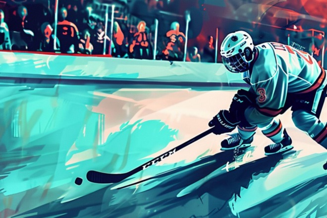 two hockey players skating in a hockey rink