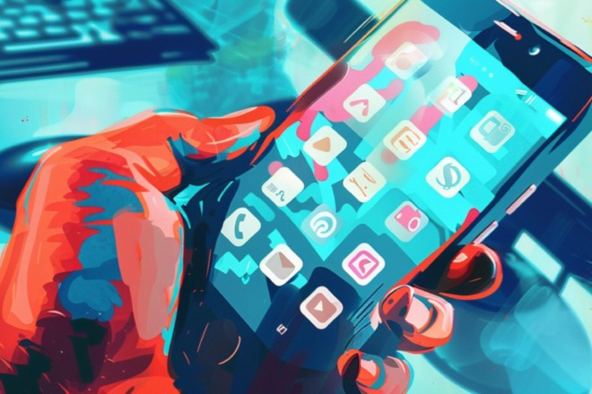 person holding up a phone with app icons on the screen