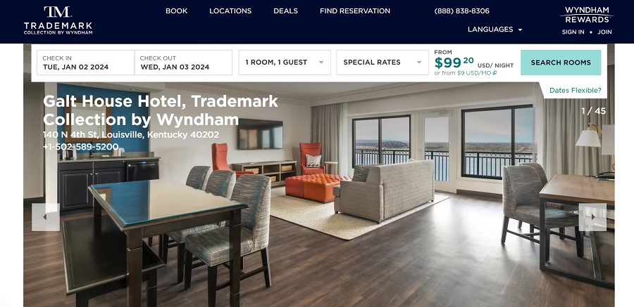 galt house wyndham example of hotel website design ideas