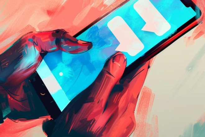 hands holding a phone with text bubbles on the screen