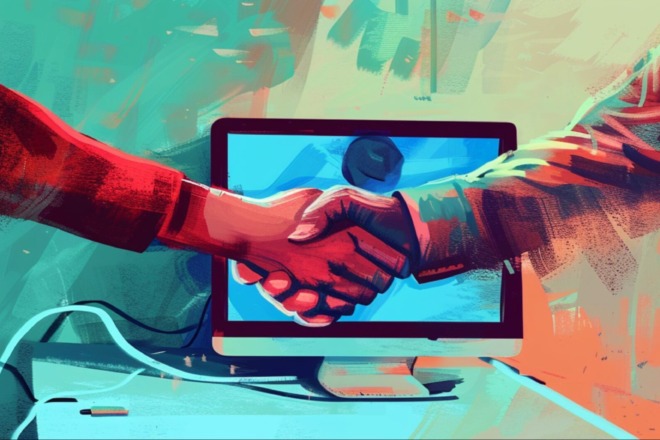 two people shaking hands in front of a computer monitor