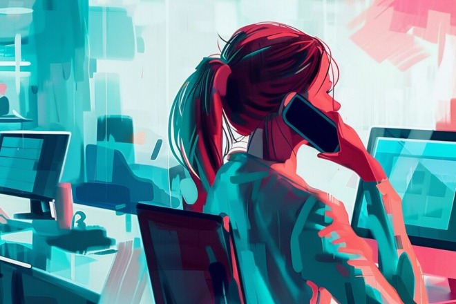 a woman sitting in front of a computer talking on the phone