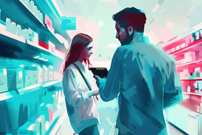 two people examine products on store shelves