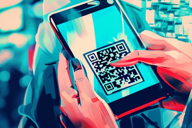 a person holds a phone with a QR code on the screen