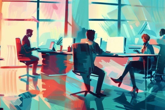 employees sitting at desks in an office