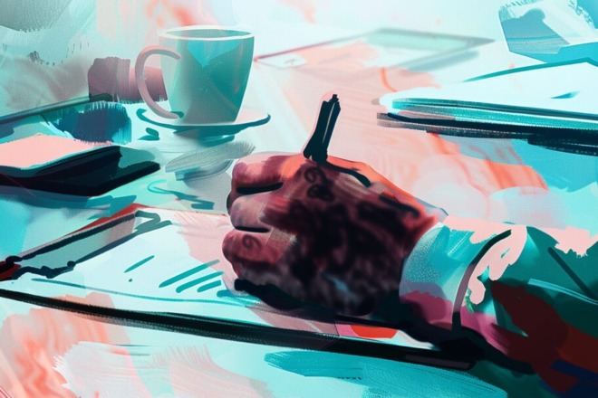 a man's hand holding a pen and writing on a piece of paper