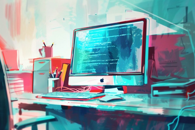 an imac computer at a workdesk, with lines of code on the screen