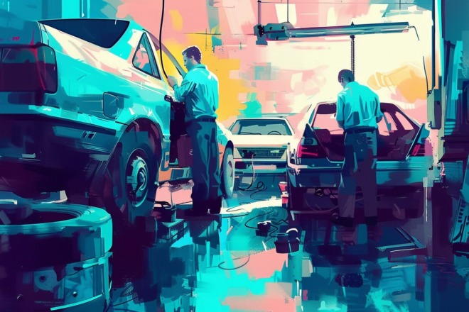 mechanics working on cars at an auto shop