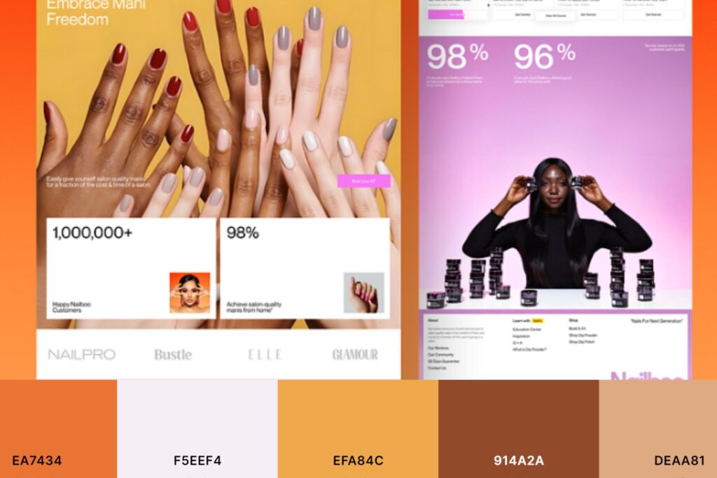 A promotional image for a nail product, showcasing diverse hand nail polish colors and a person posing with nail polish bottles.