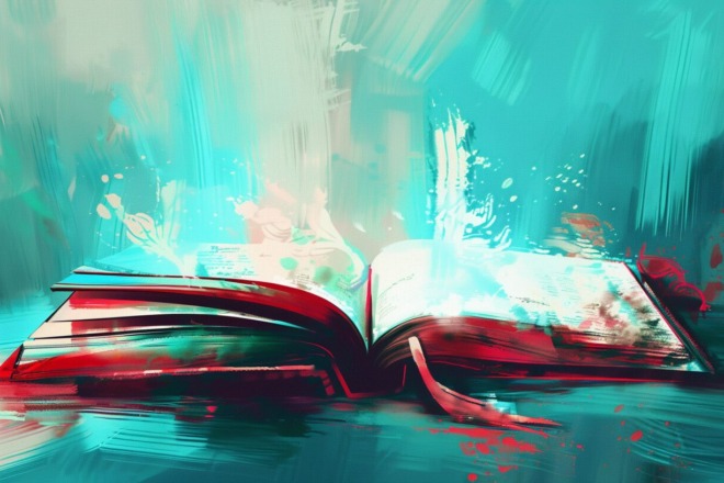 an open book with a bookmark sticking out