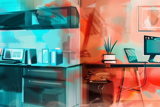 a divided scene with each side of the image featuring a different person sitting at a work desk