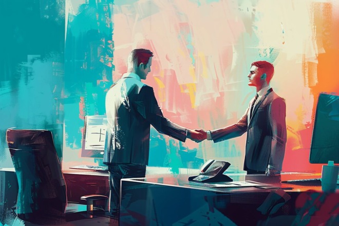 a lawyer standing behind a desk shaking hands with a client