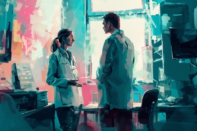 two doctors standing in a medical office talking
