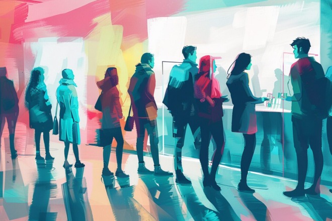 a group of people standing in line