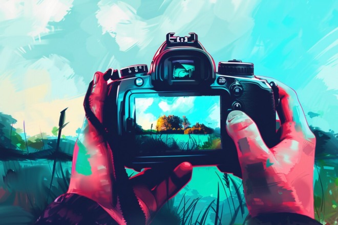 hands holding a camera with the viewfinder showing trees and a meadow