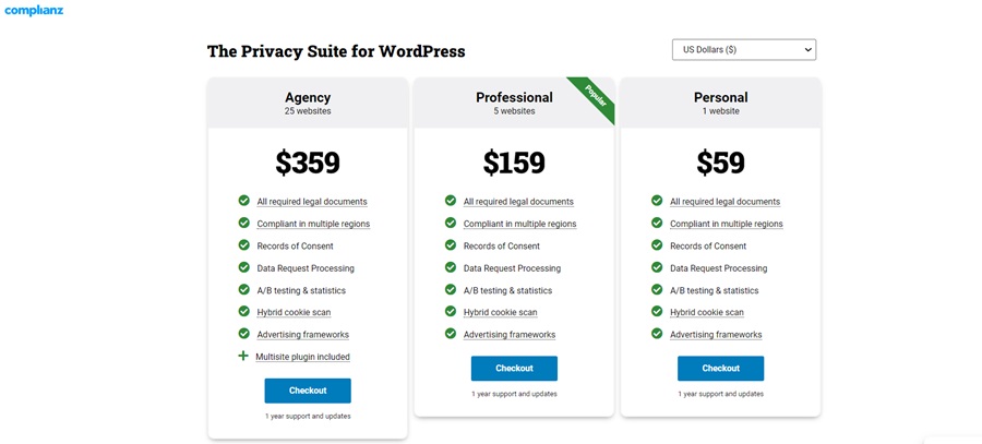 screenshot of complianz pricing packages