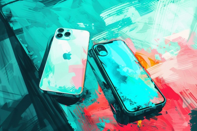 an iphone sitting on a table next to an android phone