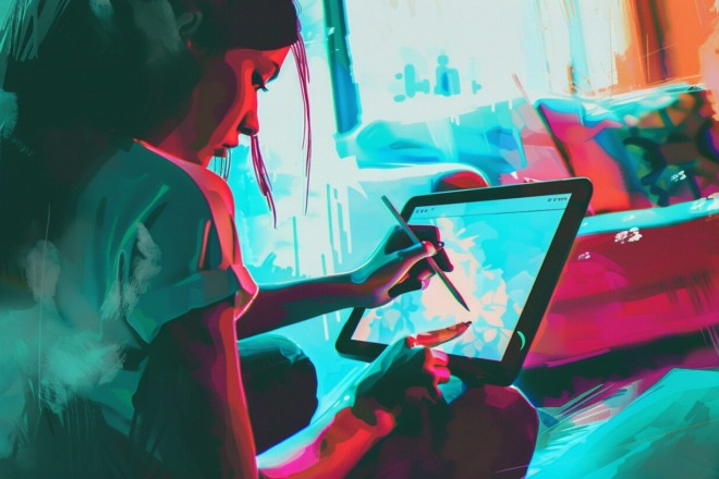 a closeup of a woman drawing on a tablet with a stylus