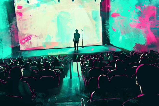 a speaker talking in front of an audience